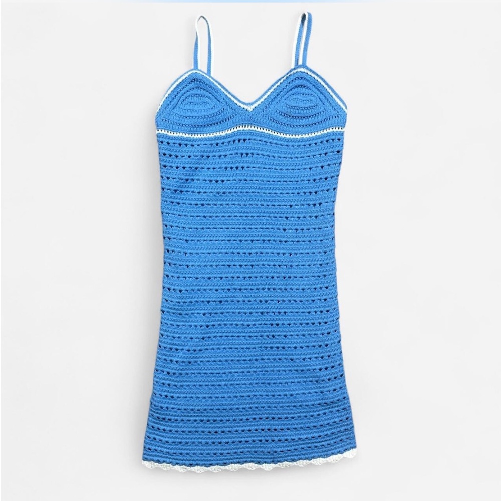 blue crochet lace dress with white trim
